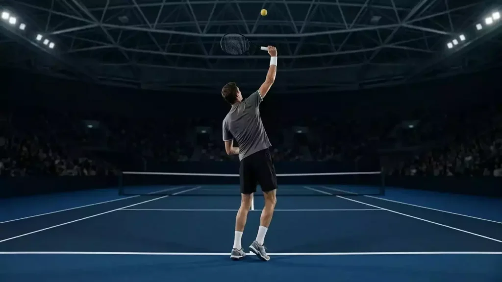 Großgewachsener männlicher Tennisspieler beim Aufschlag auf einem Indoor-Hartplatz, Rückansicht mit Schläger in der Hochposition