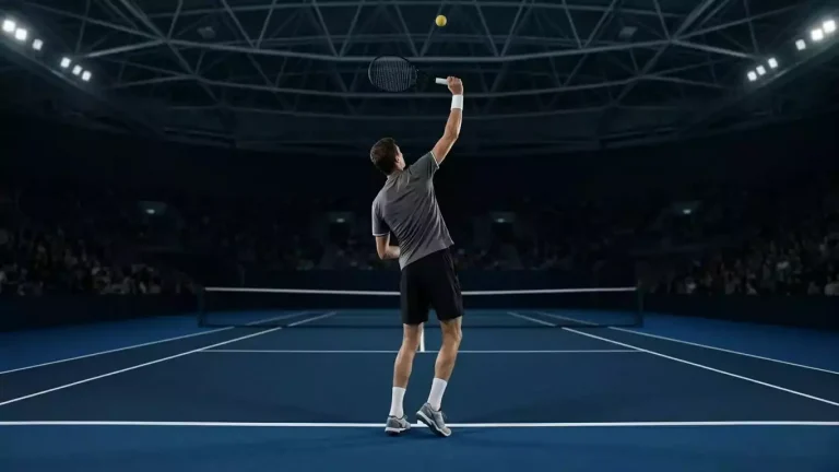 Großgewachsener männlicher Tennisspieler beim Aufschlag auf einem Indoor-Hartplatz, Rückansicht mit Schläger in der Hochposition