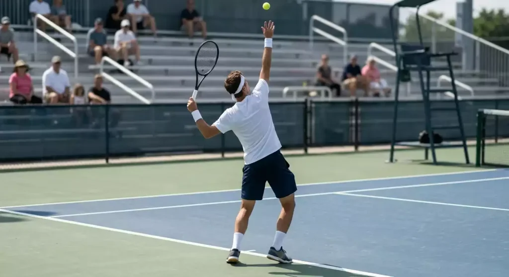 Tennisspieler beim Aufschlag auf einem ATP-Challenger-Hartplatz mit kleinerem Stadionpublikum im Hintergrund