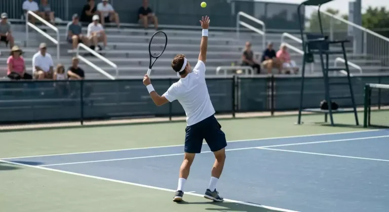 Tennisspieler beim Aufschlag auf einem ATP-Challenger-Hartplatz mit kleinerem Stadionpublikum im Hintergrund