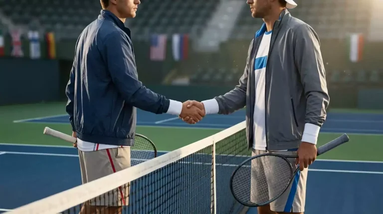 Zwei Tennisspieler in Nationalmannschafts-Trikots beim Handschlag am Netz auf einem Hartplatz im Davis-Cup-Stadion