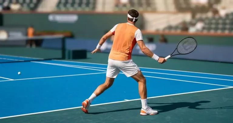 Männlicher Tennisspieler in Aufschlag-Bewegung auf einem blauen Hartplatz, Seitenansicht mit moderner Schlägertechnik
