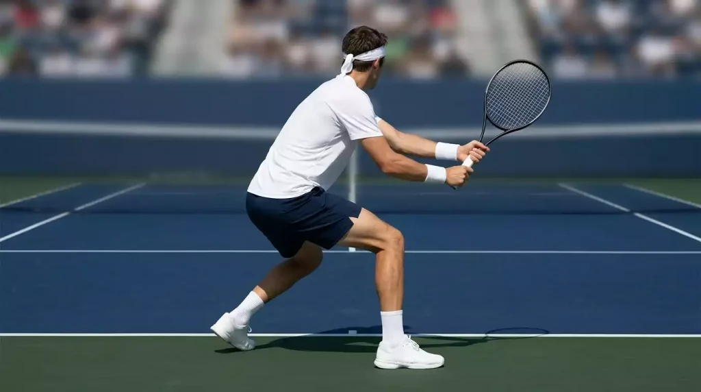 Männlicher Tennisspieler in tiefer Return-Position mit beidhändiger Rückhand auf einem blauen Hartplatz, Seitenansicht