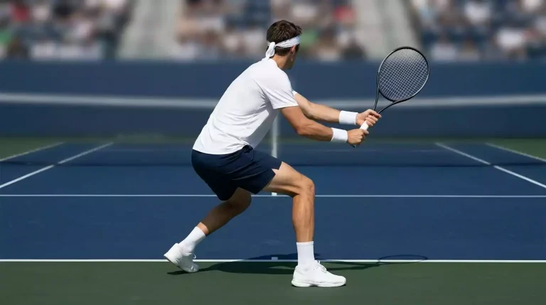 Männlicher Tennisspieler in tiefer Return-Position mit beidhändiger Rückhand auf einem blauen Hartplatz, Seitenansicht