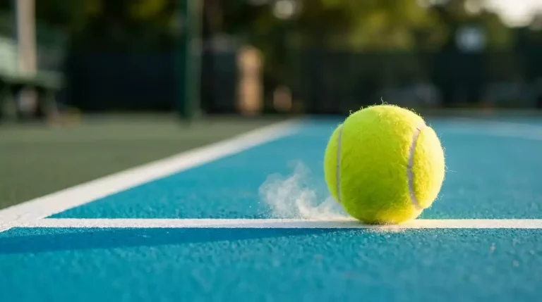 Gelber Tennisball nahe der weißen Grundlinie auf einem blauen Hartplatz in Nahaufnahme, scharfer Fokus auf Linie und Ball