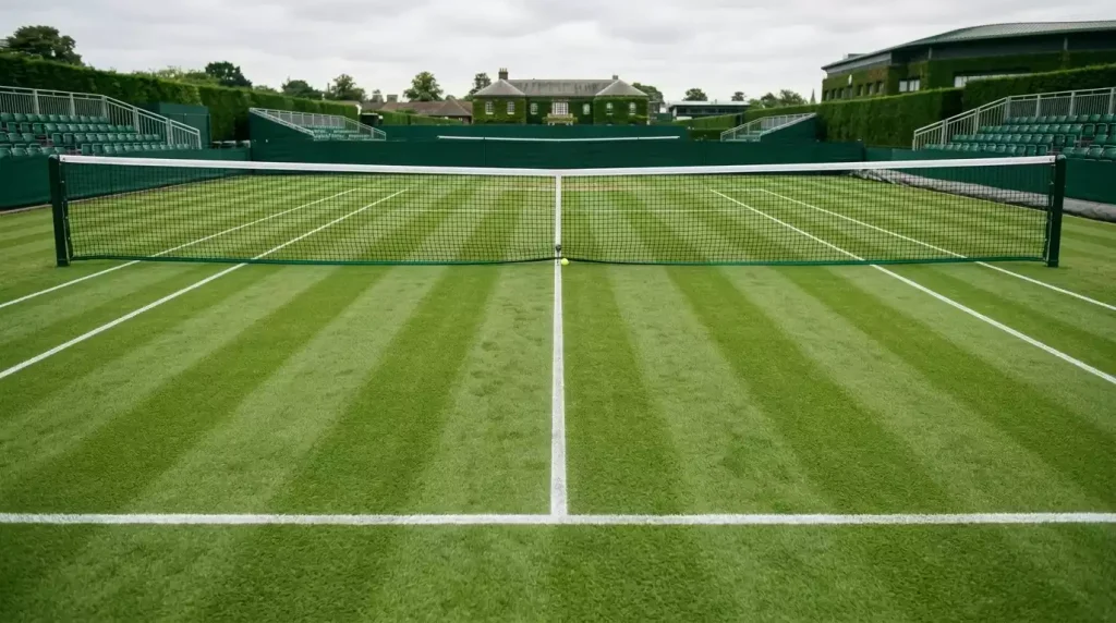 Centre Court in Wimbledon mit Statistikübersicht für Rasen-Tennis-Wetten