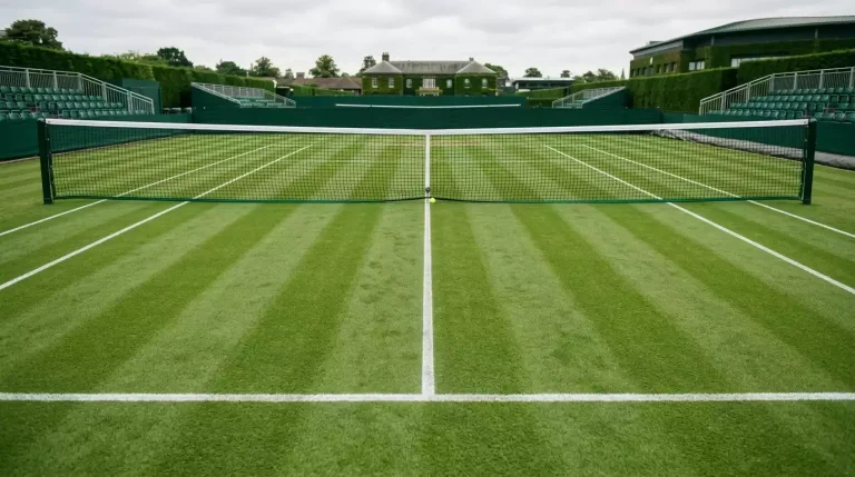 Centre Court in Wimbledon mit Statistikübersicht für Rasen-Tennis-Wetten